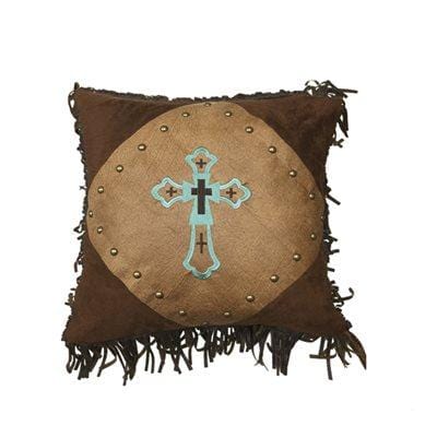 Las Cruces Gold Studded Cross Tan & Turquoise Throw Pillow