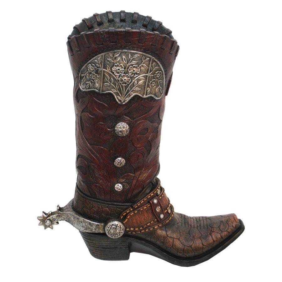 Cowboy Boot Vase Tooled Leather Design Resin W Metal Flower Hiend