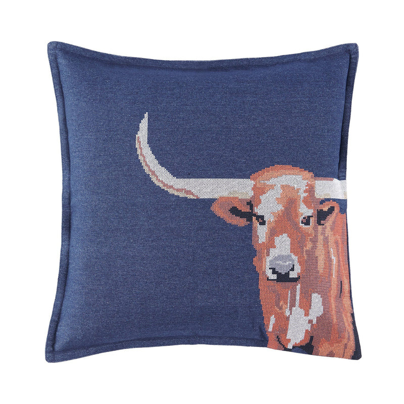 Denim Cross Stitched Embroidered Longhorn Pillow