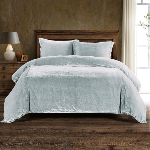 Stella Faux Silk Velvet Duvet Cover Set Super Queen / Icy Blue Duvet Cover