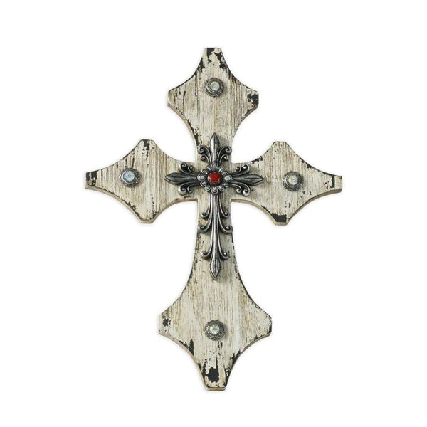 Cream Distressed Wood Cross Wall Art w/ Silver Accent Wall Decor